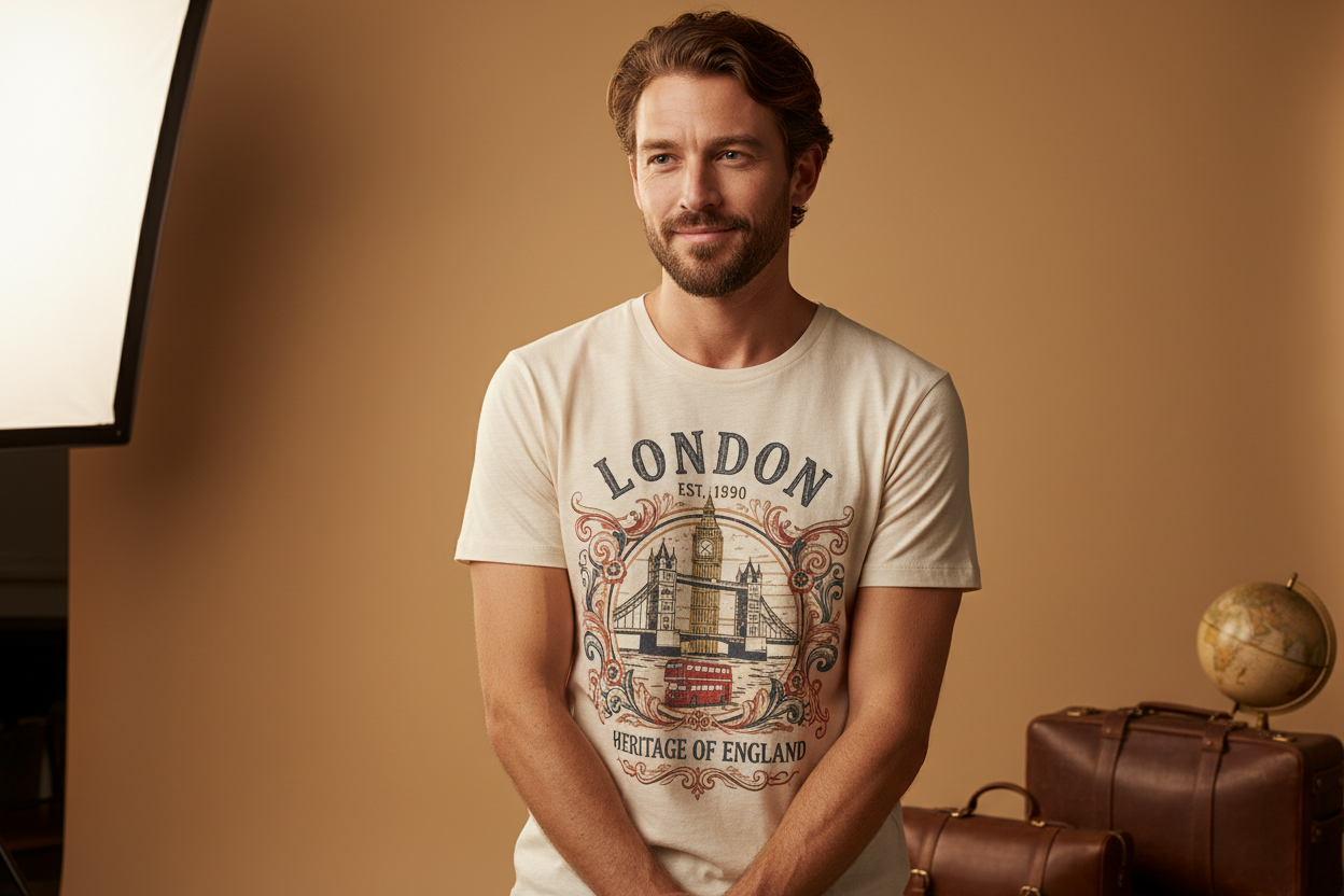 london based landmark and heritage vintage artistically designed graphics ,men wearring this t shirt cinimattically and natural lighting studio 4k quality 